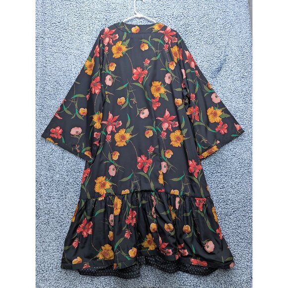 June + Vie Floral Reversible Kimono Duster Size 1X 22/24 Polka Dot Satin Black - Picture 4 of 12